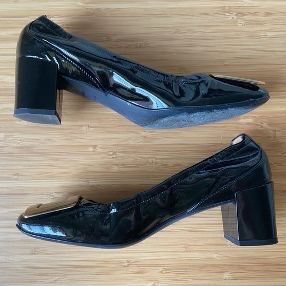 Roger Vivier Belle Metal Buckle Black Patent Leather Classic Formal Block Heels - Picture 3 of 11